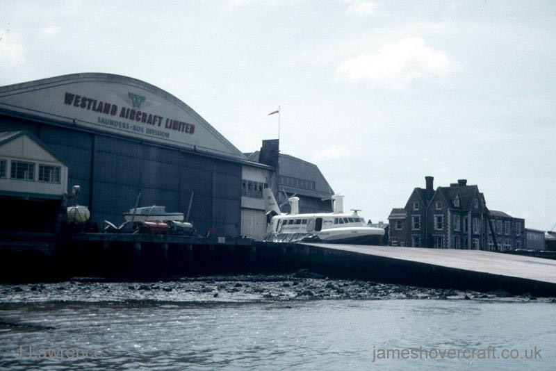 The SRN2 at Cowes - SRN2 landed on the slipway at BHC Columbine Works, Cowes, Isle of Wight (Pat Lawrence).